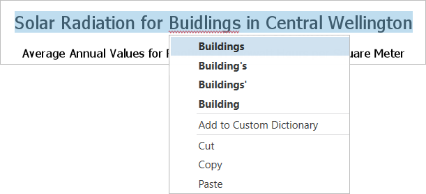 Context menu showing suggestions for a misspelled word in a layout text element