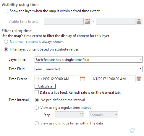 Layer Properties dialog box with time settings