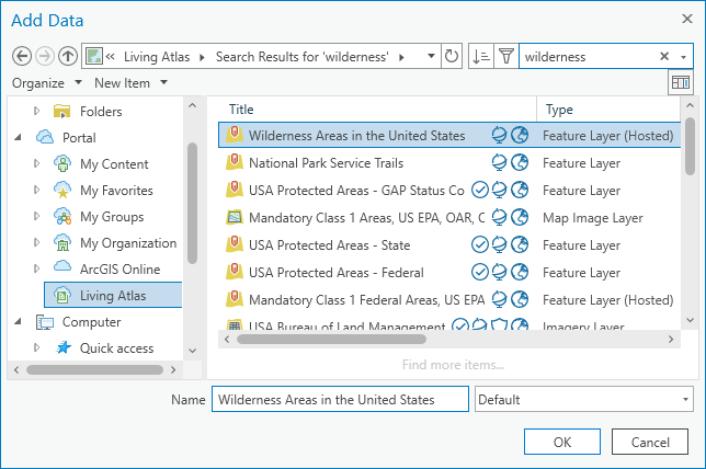 Browse dialog box with Wilderness Areas in the United States feature layer selected