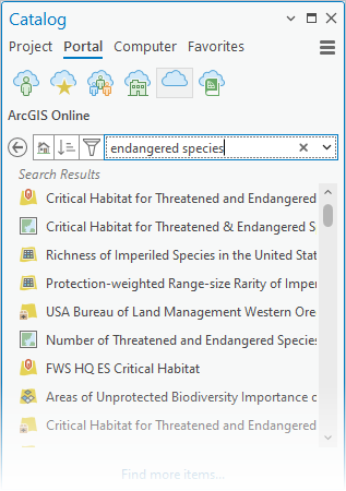 Catalog pane showing search results from ArcGIS Online.