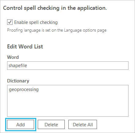 Word list in the Proofing options