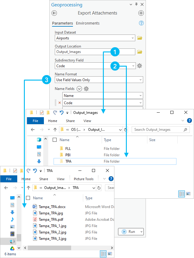 Export Attachments geoprocessing tool and output files in File Explorer