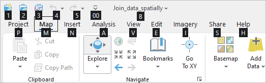 The ArcGIS Pro ribbon with KeyTips displayed