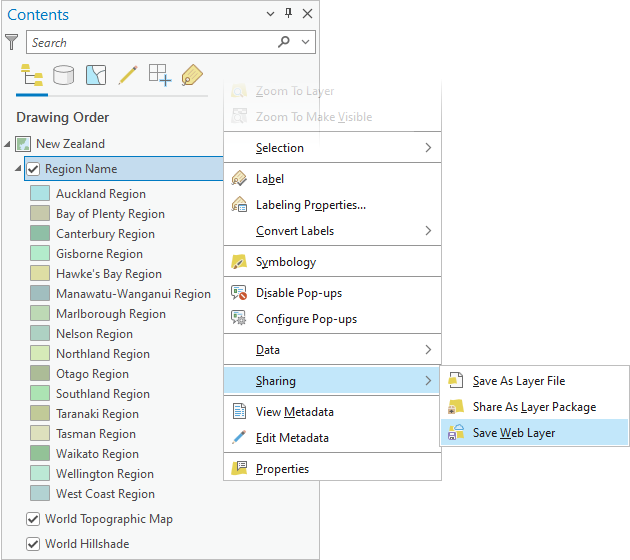 Save Web Layer command on the Sharing context menu for a web feature layer