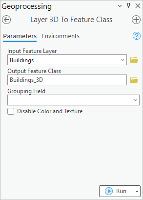 Layer 3D to Feature Class geoprocessing pane.