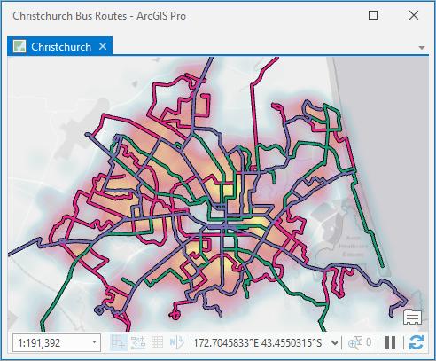 Map view of bus routes in Christchurch, New Zealand