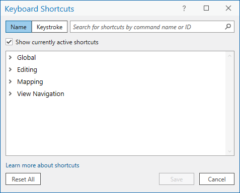 Keyboard Shortcuts dialog box