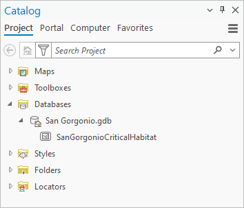 Catalog pane showing project geodatabase and feature class.