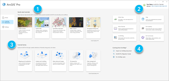The Learning Resources tab of the ArcGIS Pro start page