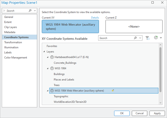 Map Properties dialog box with Coordinate Systems tab settings