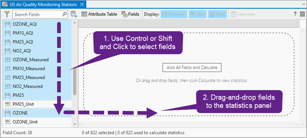 Select and drag fields to the statistics panel
