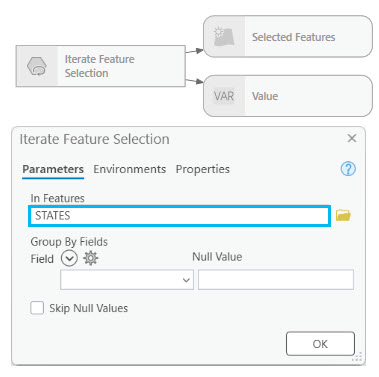 Iterate Feature Selection tool dialog box Iterate Feature Selection tool dialog box