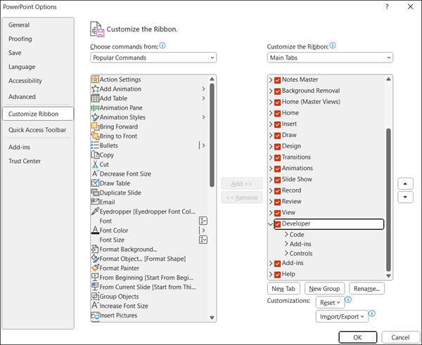 PowerPoint Options window
