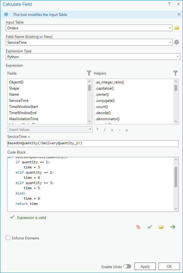 Calculate Field dialog box with populated parameters