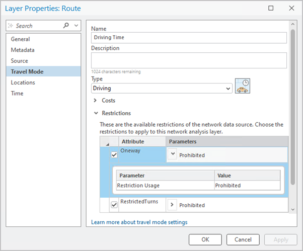 Changing Travel Mode parameter values on the Layer Properties dialog box