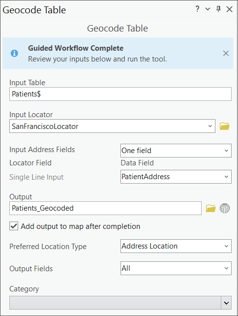 Geocode Table geoprocessing tool with inputs