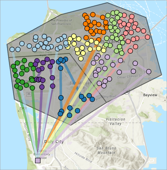 Orders and Depot Visits sublayers are assigned colors matching the route with which they are associated.