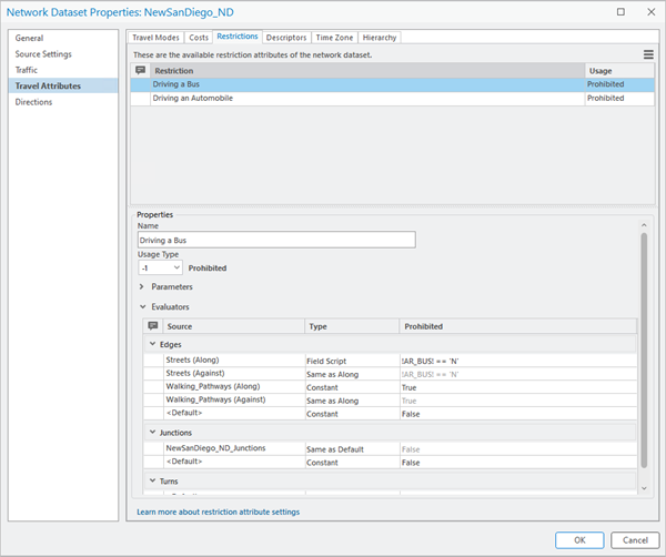 Restriction page in the Network Dataset Properties window showing the Driving a Bus restriction