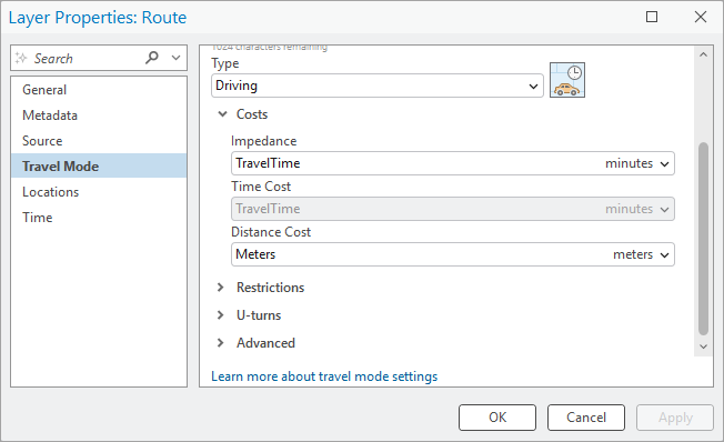 Travel mode property page showing the impedance attribute and units