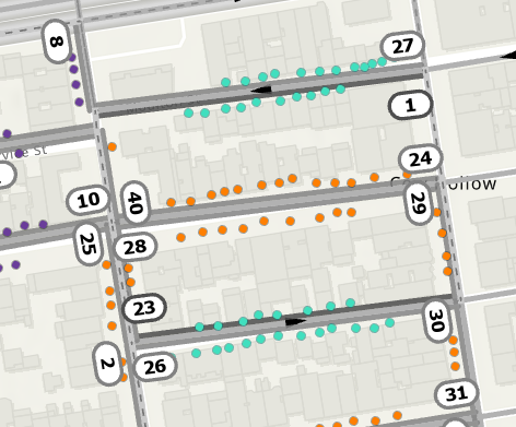 Stops on both one-way street edges selected