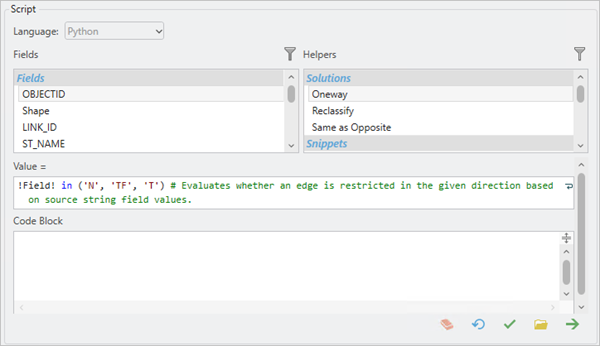 Field Script: Oneway dialog box showing what the script for the Oneway restriction should be for the Along direction