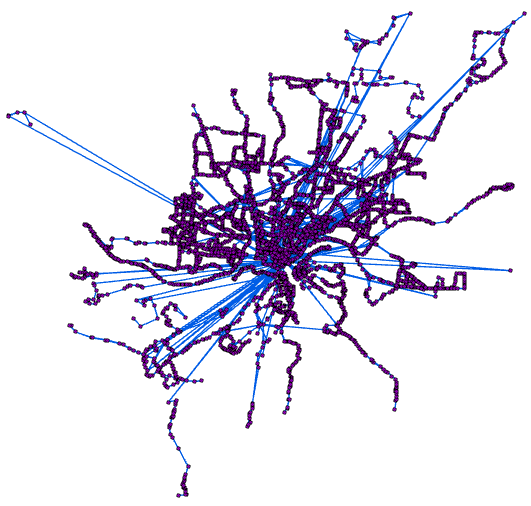 Output of the GTFS To Public Transit Data Model tool in the map