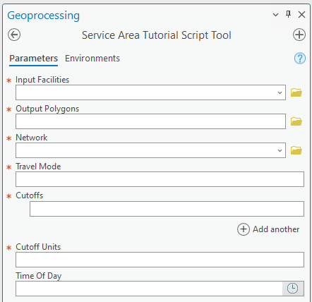 The script tool dialog box in the Geoprocessing pane showing all the parameters.