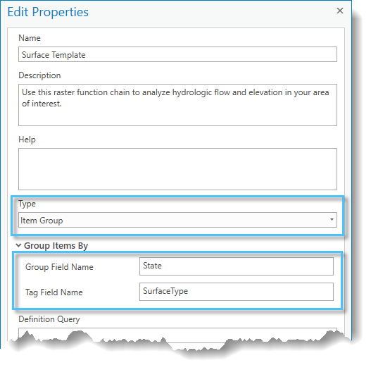 Set the Group Field Name and Tag Field Name parameters in the raster function template editor.