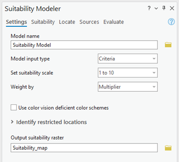 Settings tab in the Suitability Modeler