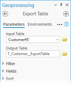 The Input and Output Table parameters for the Export Table geoprocessing tool