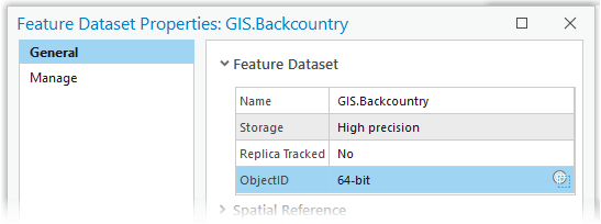 The Feature Dataset Properties dialog box, General tab, displays the ObjectID value as 64-bit.
