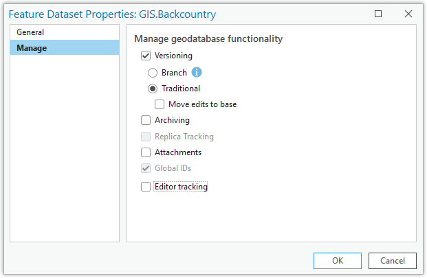 Manage tab on the Feature Dataset Properties dialog box