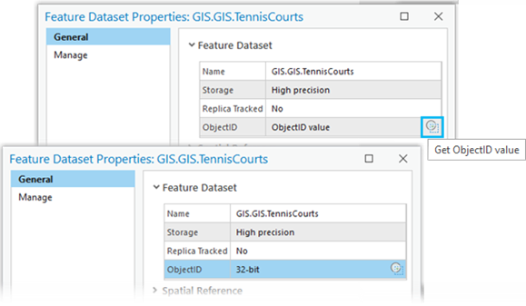 Displays the Get ObjectID value button under the General tab on the Feature Dataset Properties dialog box.