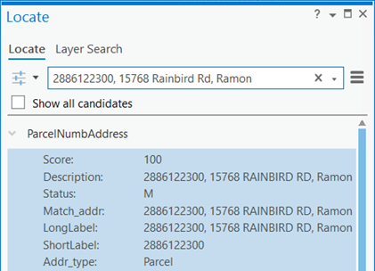 Result of searching for parcel number and parcel address