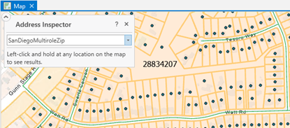 Address Inspector tool overlay window open in the Map view