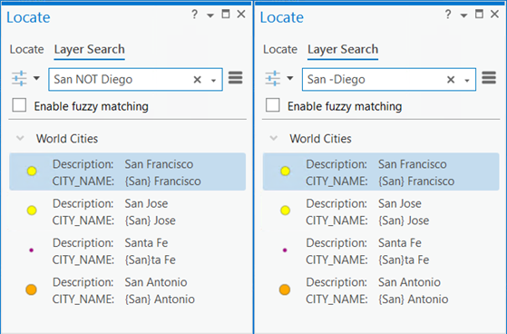 Enhanced layer search with the NOT operator or minus sign in the Locate pane