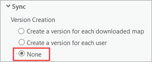 The None option for Sync Version Creation is selected.