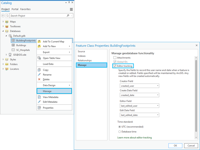 Editor tracking option under the Manage tab on the Feature Class Properties dialog box