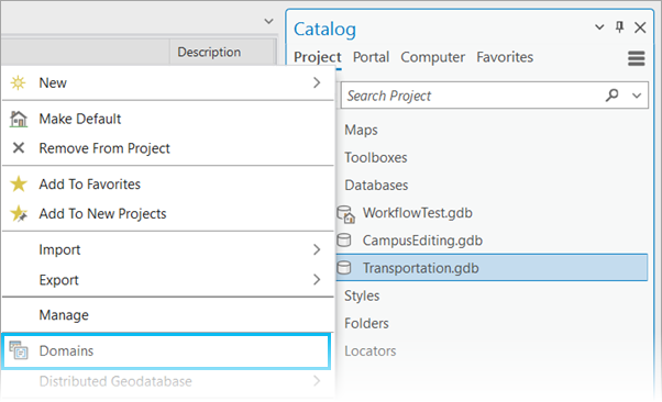 Context menu options for the geodatabase