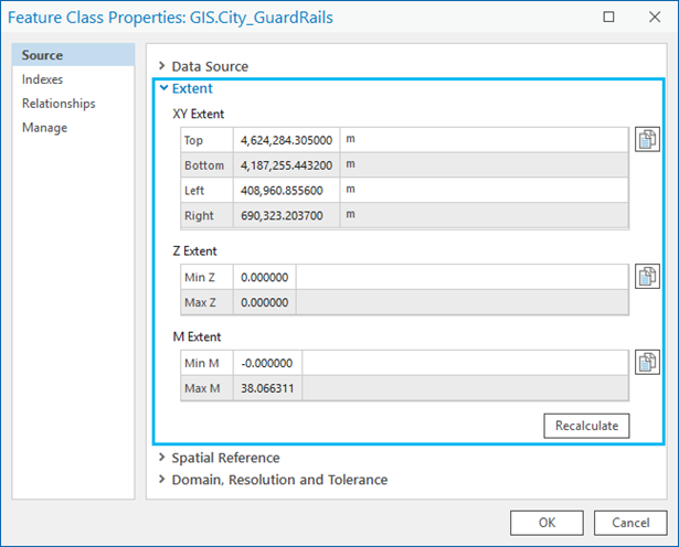 Extent section on the Source tab of the Feature Class Properties dialog box