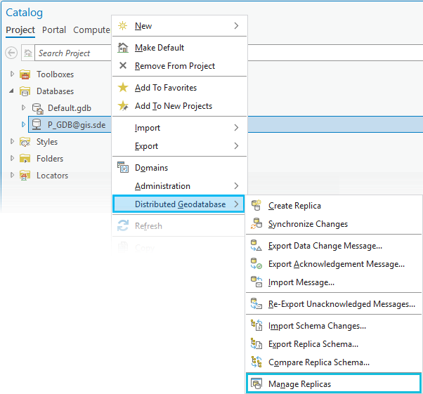 The Manage Replicas command on the Distributed Geodatabase context menu