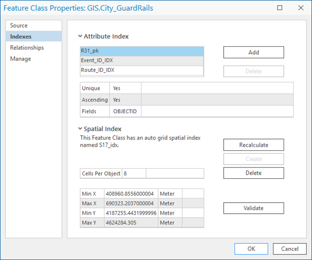 Indexes tab on the Feature Class Properties dialog box