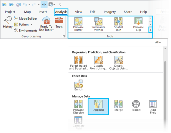 Append tool under Analysis tab in the Tools group