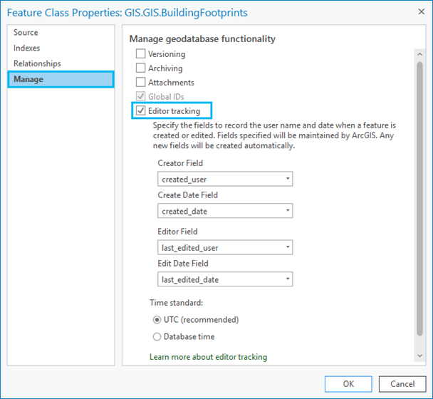 Editor tracking option accessible from the Manage tab on the feature class properties