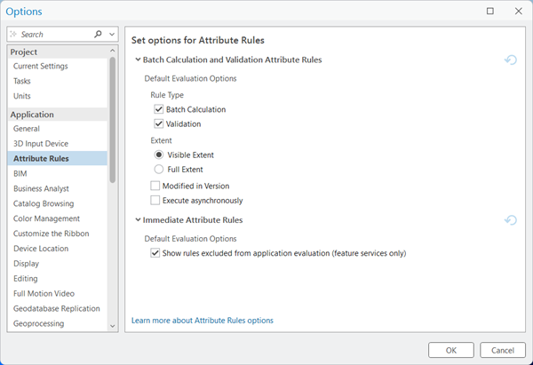 Attribute Rules tab on the Options dialog box in ArcGIS Pro project settings showing default settings.