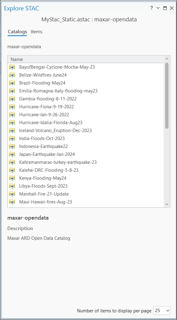 Catalogs tab in the Explore STAC pane