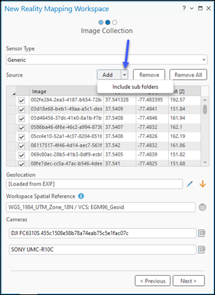 Reality mapping Image Collection Options for the drone imagery workspace