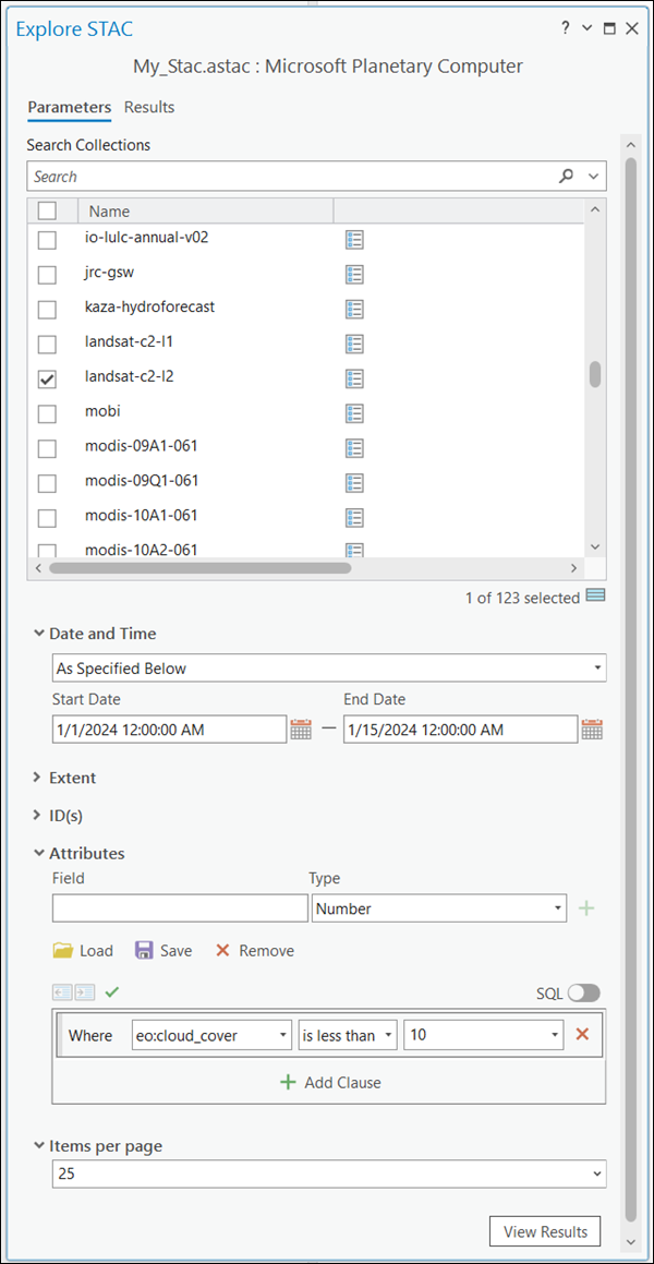 Parameters tab in the Explore STAC pane