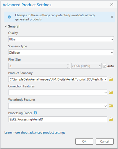 Advanced Product Settings window for oblique aerial data