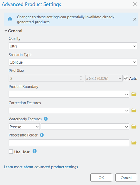 Advanced Product Settings dialog box Advanced Product Settings dialog box